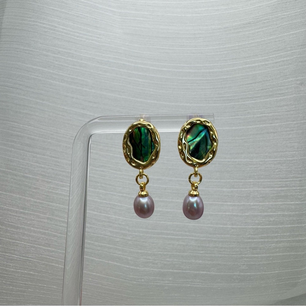 S925 Gold Plated Abalone & Freshwater Pearl Dangle Earrings
