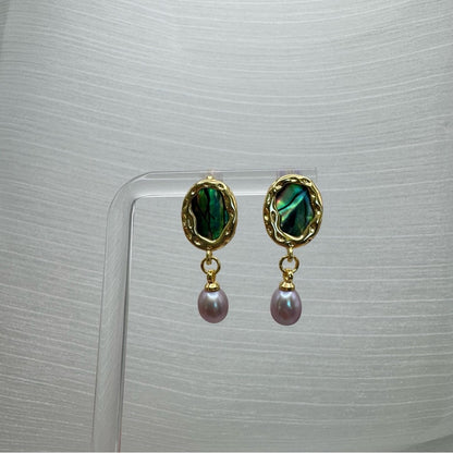 S925 Gold Plated Abalone & Freshwater Pearl Dangle Earrings