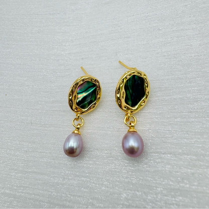 S925 Gold Plated Abalone & Freshwater Pearl Dangle Earrings