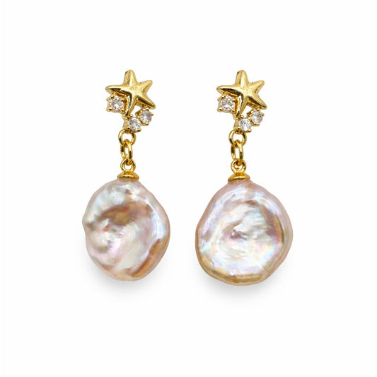 S925 Gold Plated Star & Freshwater Pearl Dangle Earrings