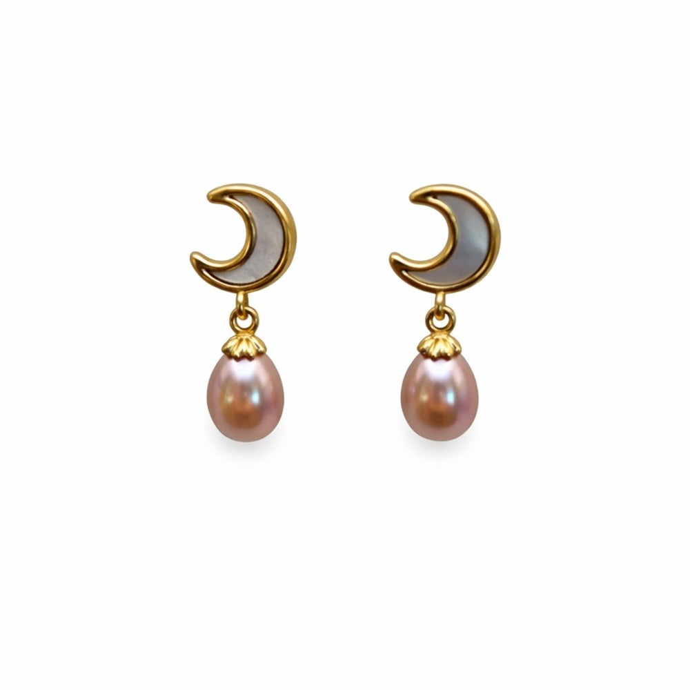 S925 Gold Plated Mother of Pearl Moons & Freshwater Pearl Dangle Earrings