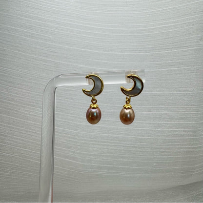 S925 Gold Plated Mother of Pearl Moons & Freshwater Pearl Dangle Earrings