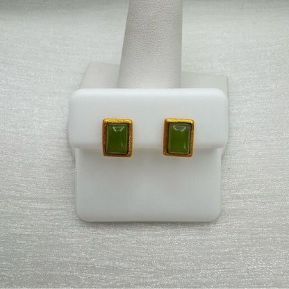 S925 Brushed Gold Rectangle Jade Stud Earrings