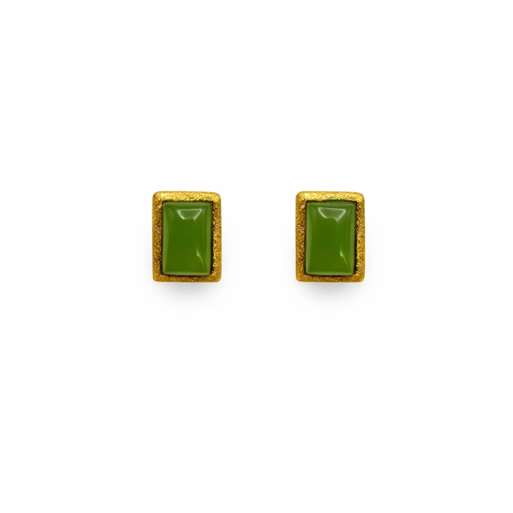 S925 Brushed Gold Rectangle Jade Stud Earrings