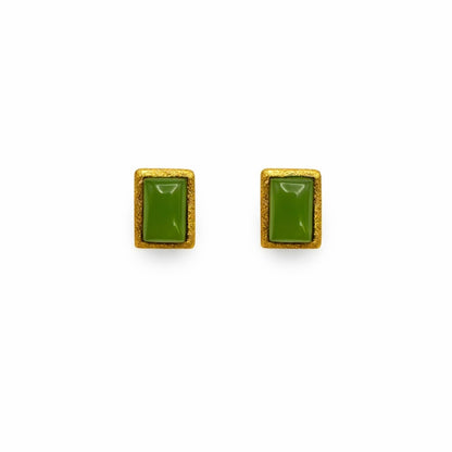 S925 Brushed Gold Rectangle Jade Stud Earrings