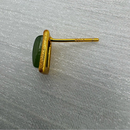 S925 Brushed Gold Rectangle Jade Stud Earrings