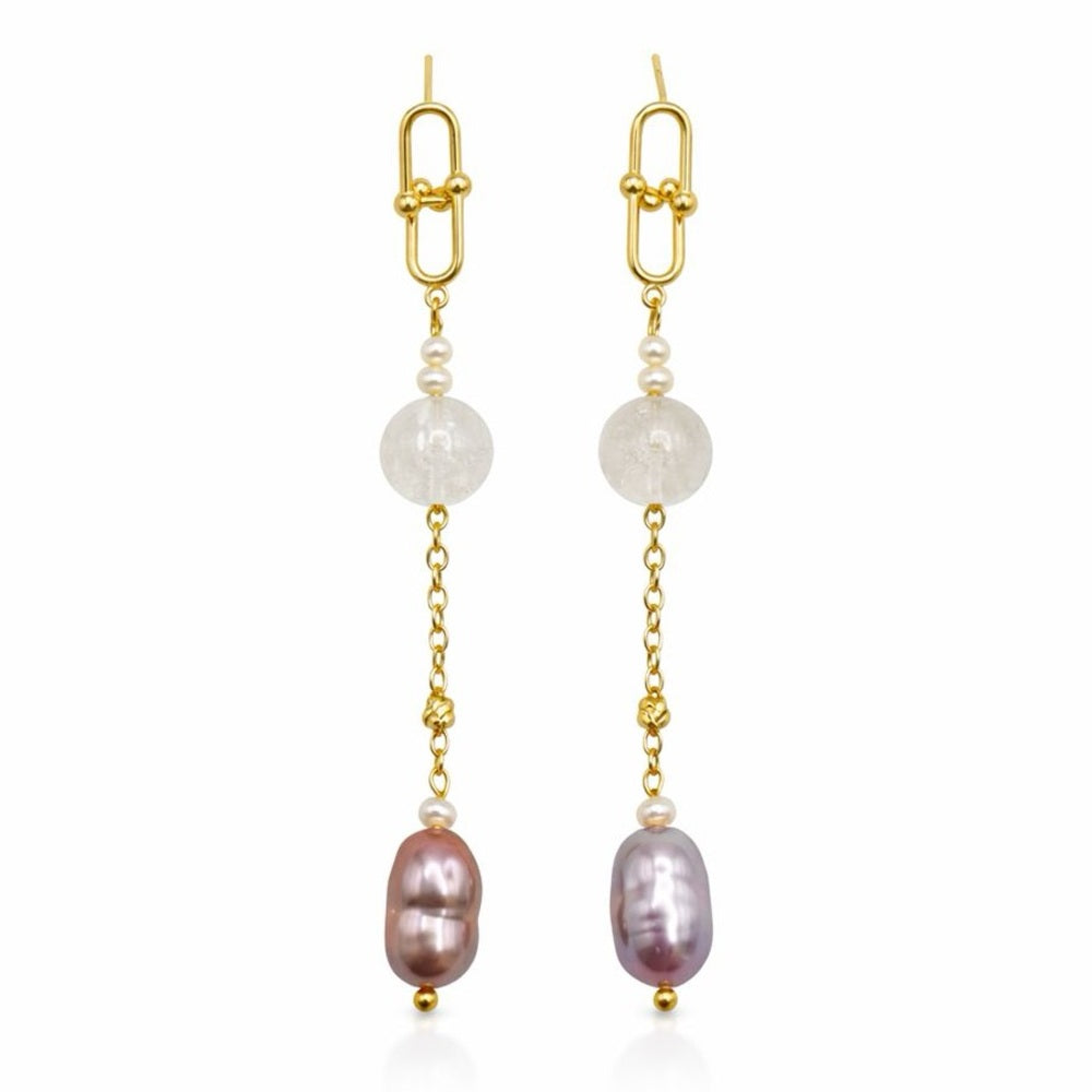 S925 Gold Plated Freshwater Pearl and Crystal Dangle Earrings