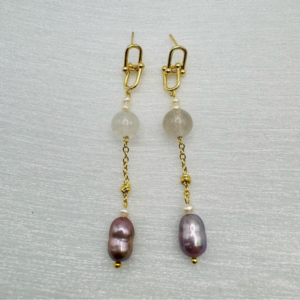 S925 Gold Plated Freshwater Pearl and Crystal Dangle Earrings
