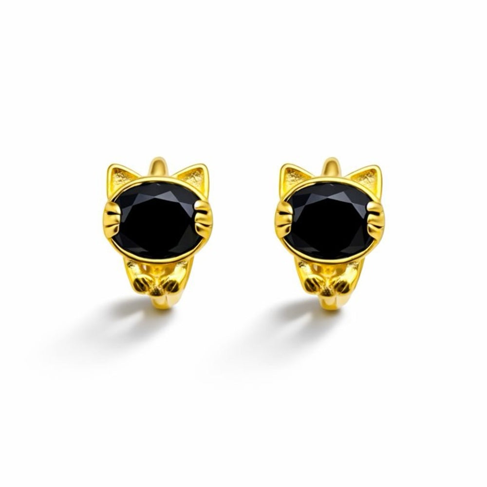 S925 Gold Plated Black Onyx Cat Earrings