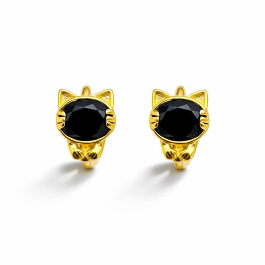 S925 Gold Plated Black Onyx Cat Earrings