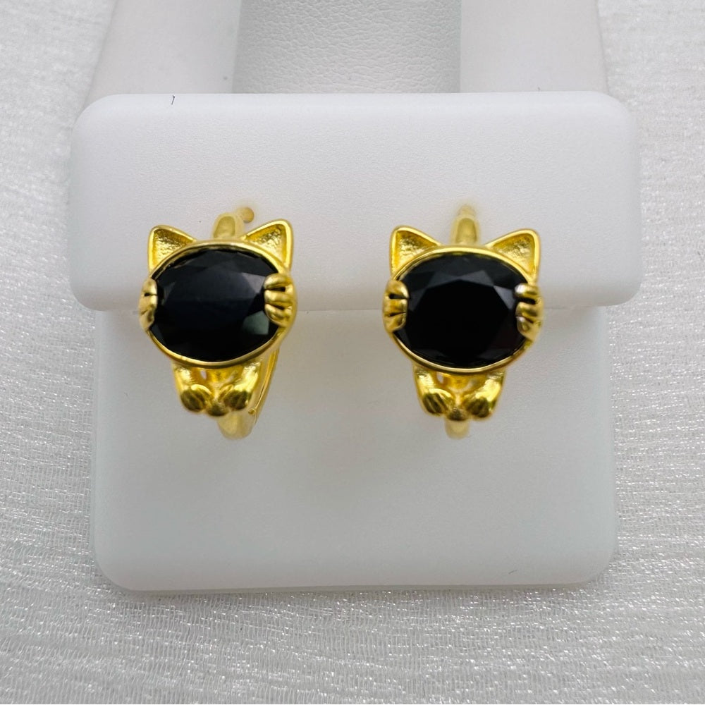 S925 Gold Plated Black Onyx Cat Earrings