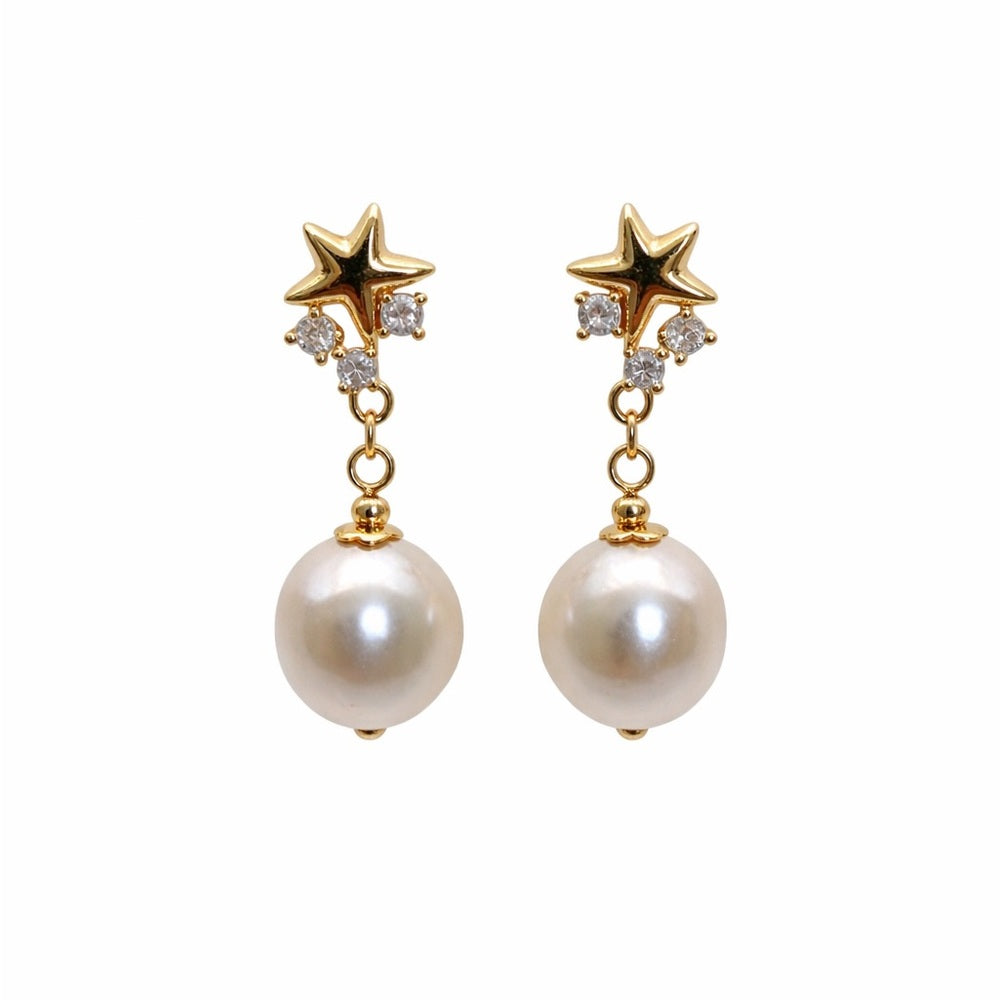 S925 Gold Plated Stars & Freshwater Pearl Dangle Earrings