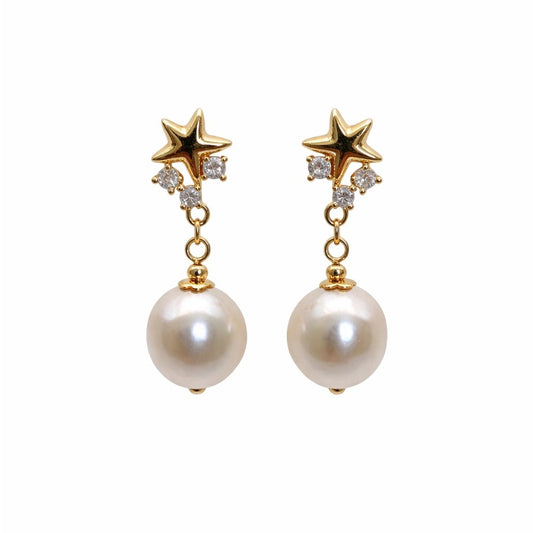 S925 Gold Plated Stars & Freshwater Pearl Dangle Earrings