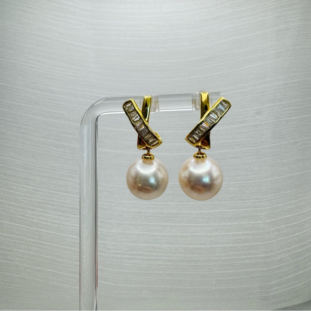S925 Gold Plated X & Freshwater Pearl Dangle Earrings