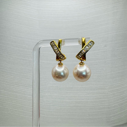 S925 Gold Plated X & Freshwater Pearl Dangle Earrings