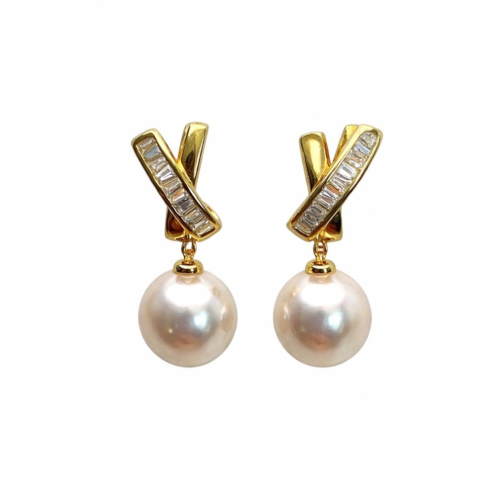 S925 Gold Plated X & Freshwater Pearl Dangle Earrings