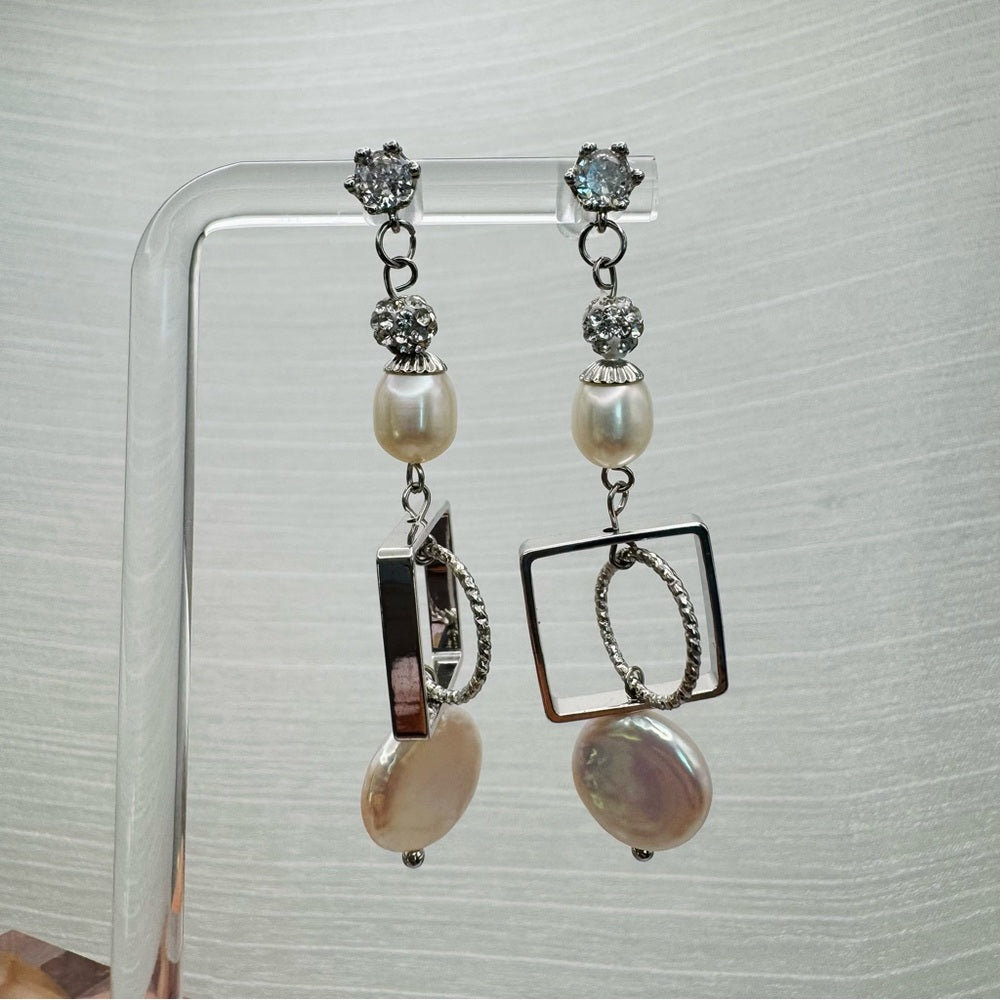 S925 Geometric Freshwater Pearl Dangle Earrings