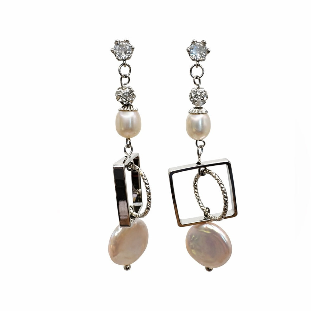 S925 Geometric Freshwater Pearl Dangle Earrings