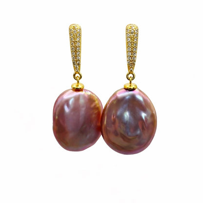 S925 Gold Plated Large Purple Freshwater Pearl Dangle Earrings