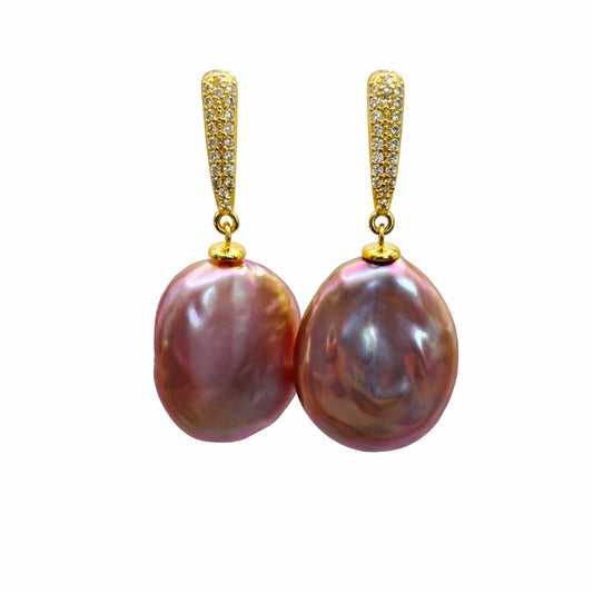 S925 Gold Plated Large Purple Freshwater Pearl Dangle Earrings