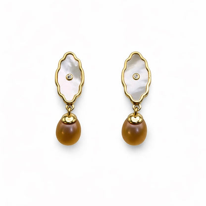 S925 Gold Plated Mother of Pearl & Freshwater Pearl Dangle Earrings
