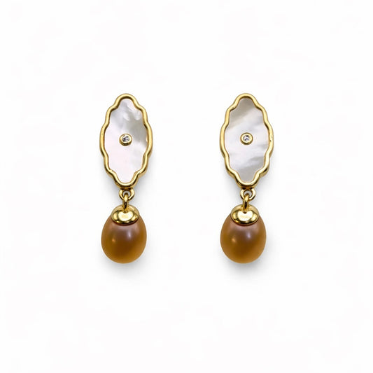 S925 Gold Plated Mother of Pearl & Freshwater Pearl Dangle Earrings