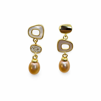 S925 Gold Plated Asymmetrical Mother of Pearl & Freshwater Pearl Dangle Earrings