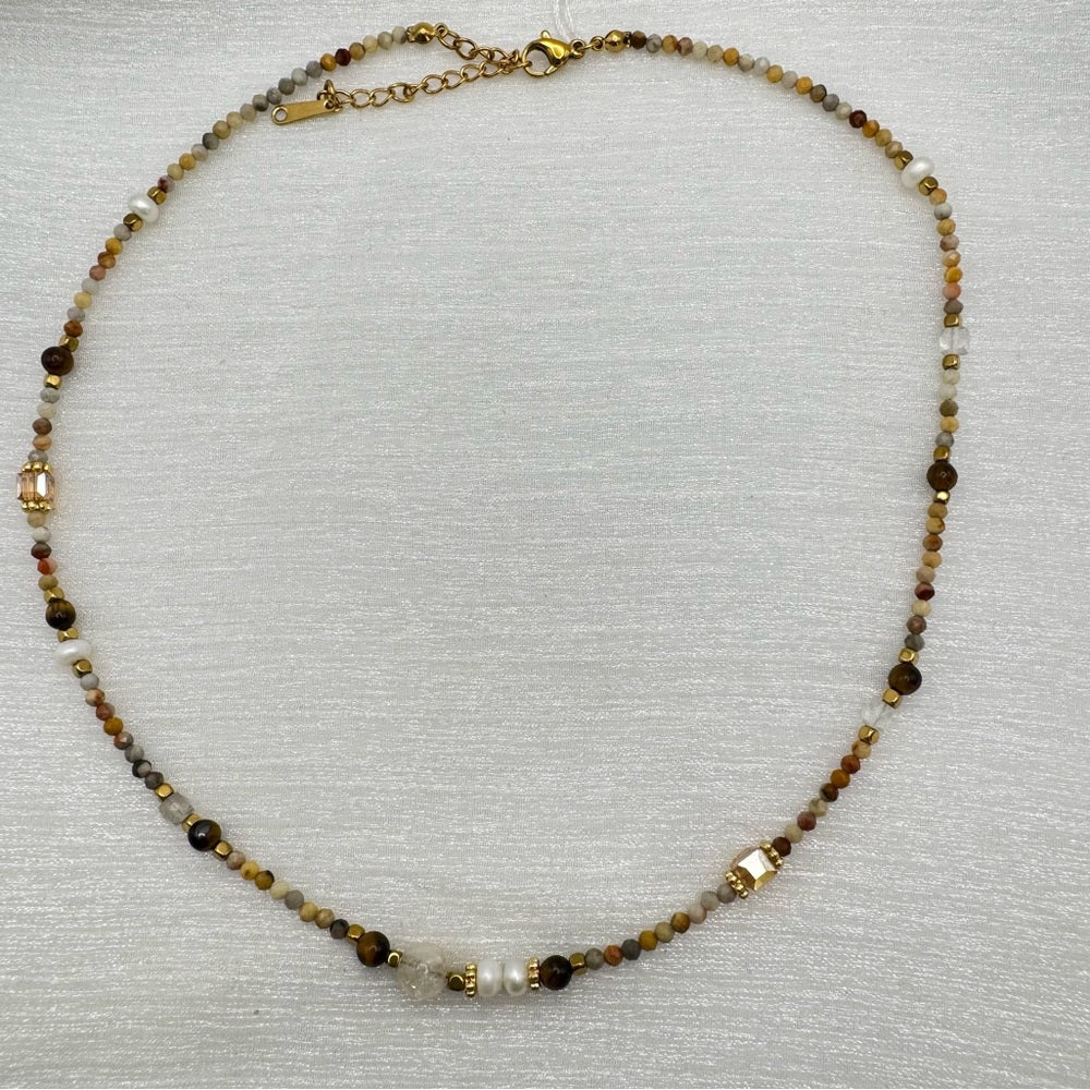 Tiger’s Eye, Carnelian, and Freshwater Pearl Necklace Style #60