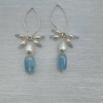 #1120 S925 Aquamarine & Freshwater Pearl Dangle Earrings
