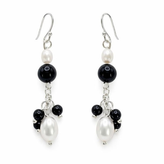 #1122 S925 Black Onyx and Freshwater Pearl Dangle Earrings