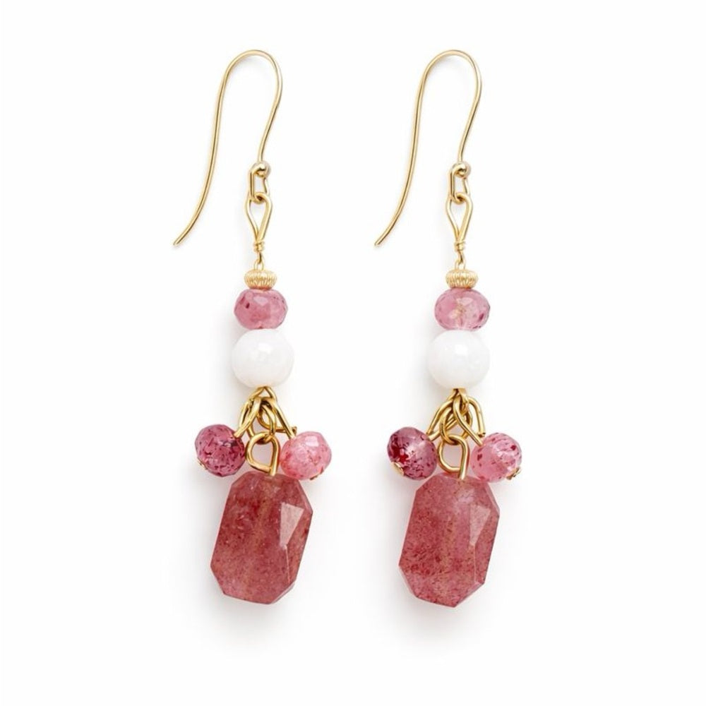 White Moonstone and Strawberry Quartz Dangle Earrings (#1130)