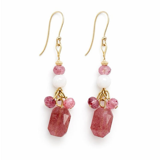 #1130 S925 14k Gold Plated White Moonstone and Strawberry Quartz Dangle Earrings
