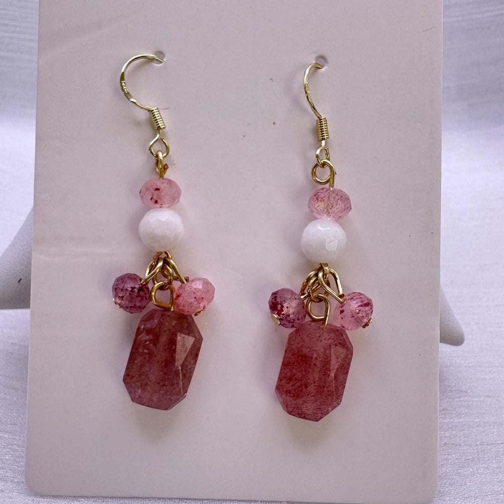 #1130 S925 14k Gold Plated White Moonstone and Strawberry Quartz Dangle Earrings