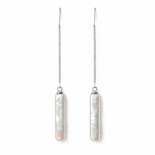 Silver Chopstick Pearl Threader Earrings
