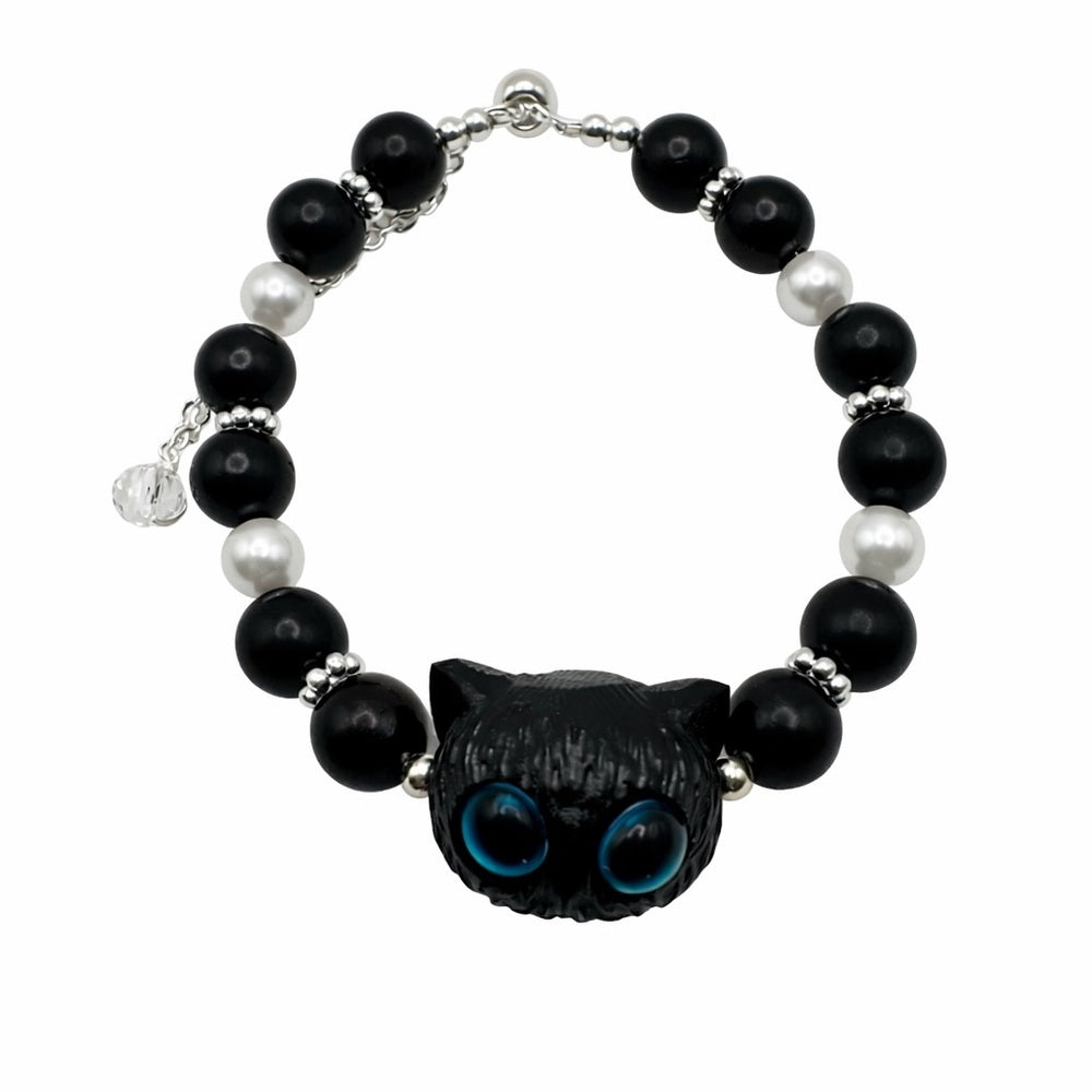 Black Cat Wooden Bead Silver Adjustable Bracelet