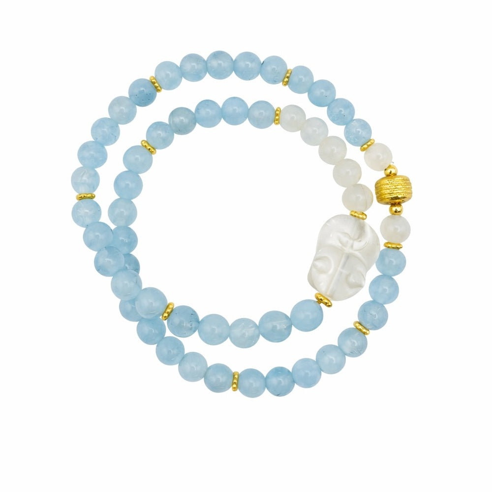 Aquamarine & Clear Quartz Sleeping Cat Gemstone Stretchy Double Bracelet