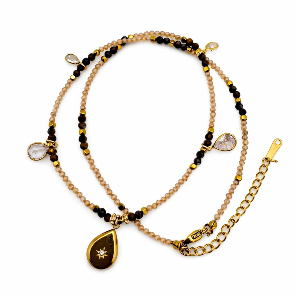 Tigers Eye Gemstone and Swarovski Crystal Teardrop Necklace Style #37