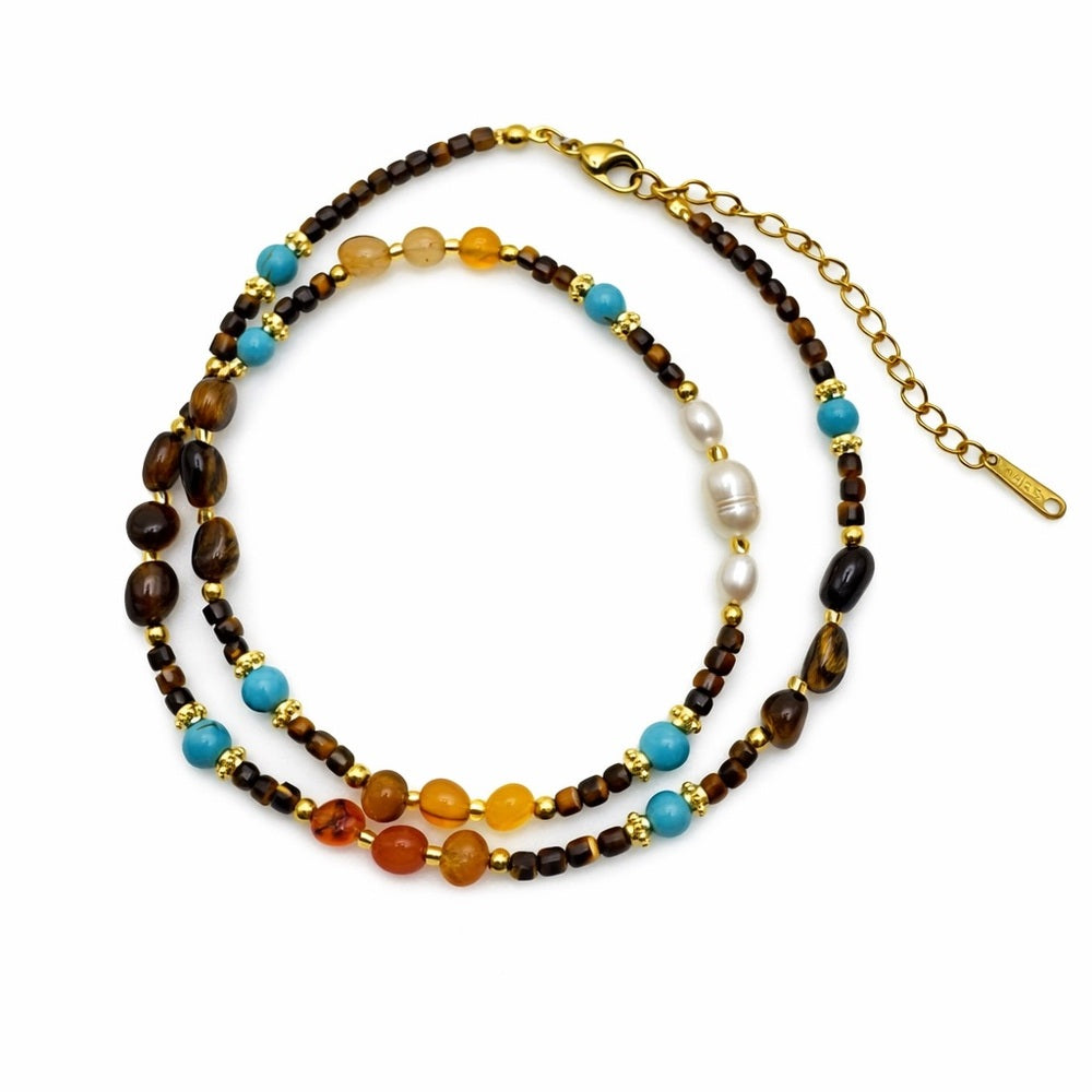 Tiger’s Eye, Carnelian, Turquoise and Freshwater Pearl Necklace Style #32