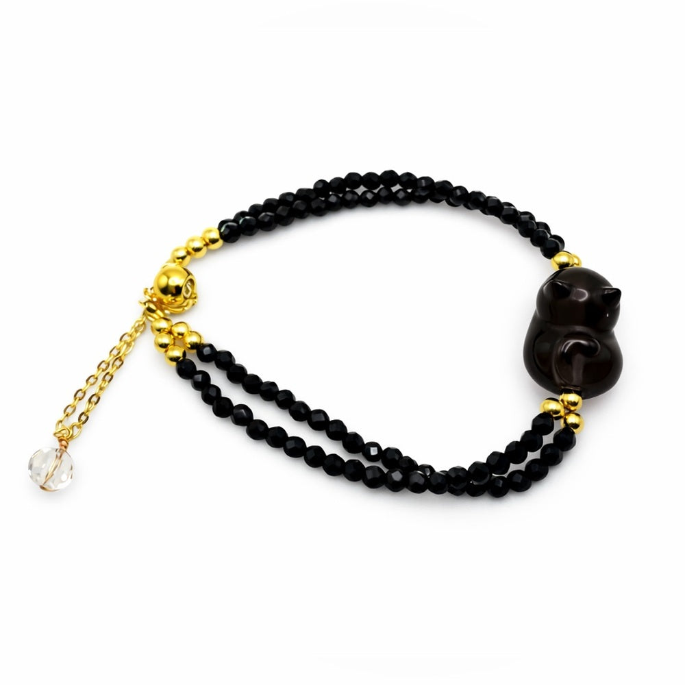 Sleeping Cat Black Spinel Gold Adjustable Bracelet