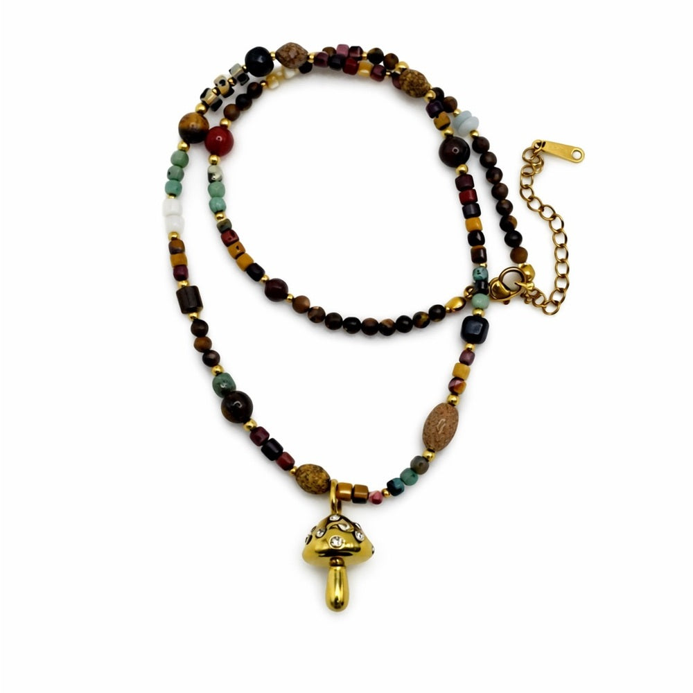 Tigers Eye, Mookite, and Mixed Gemstone Necklace with Mushroom Charm Style #24