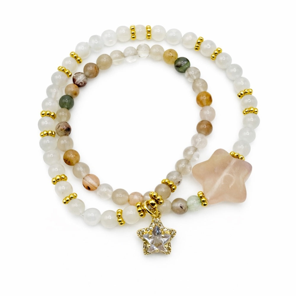 Clear Quartz & Garden Quartz Star Double Stretchy Bracelet