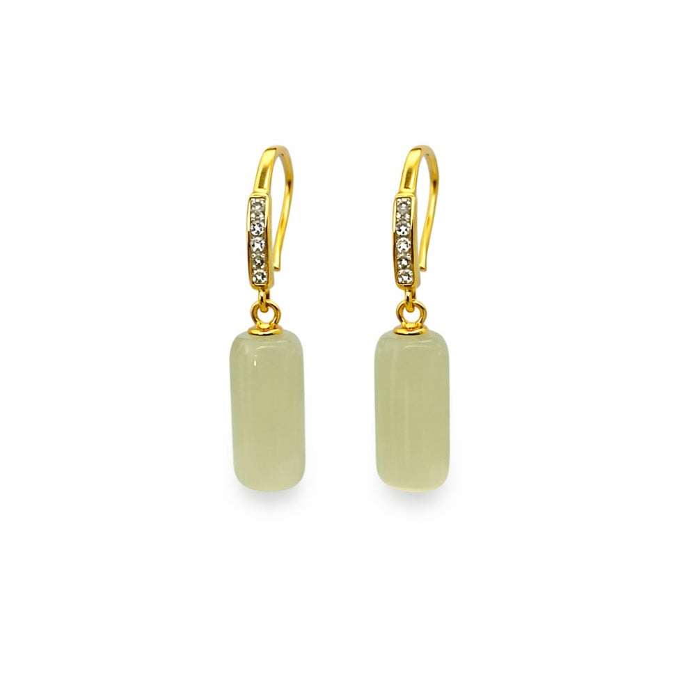 Rectangular Light Jade Gold Drop Earrings
