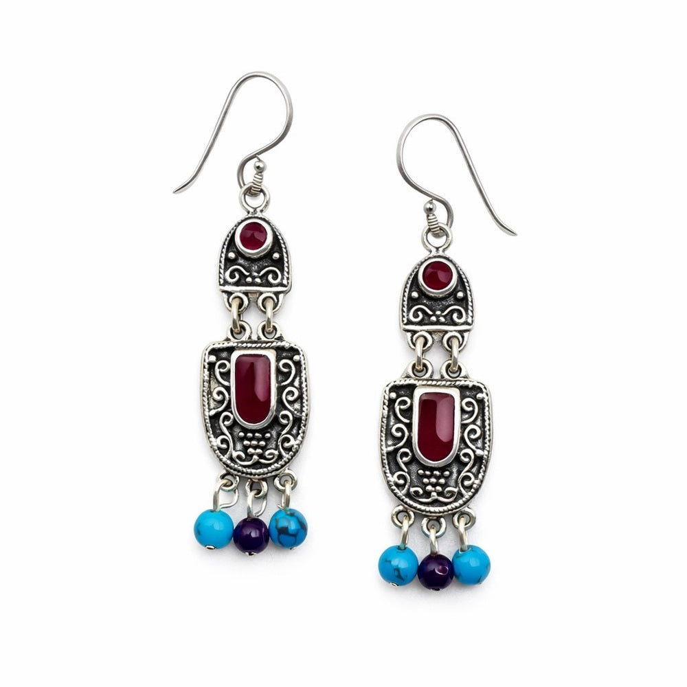 Red Coral and Turquoise Dangle Earrings