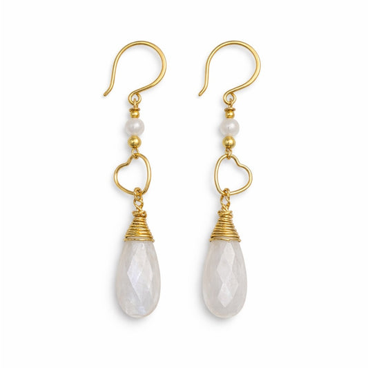 #1108 S925 Gold Heart & Moonstone Dangle Earrings