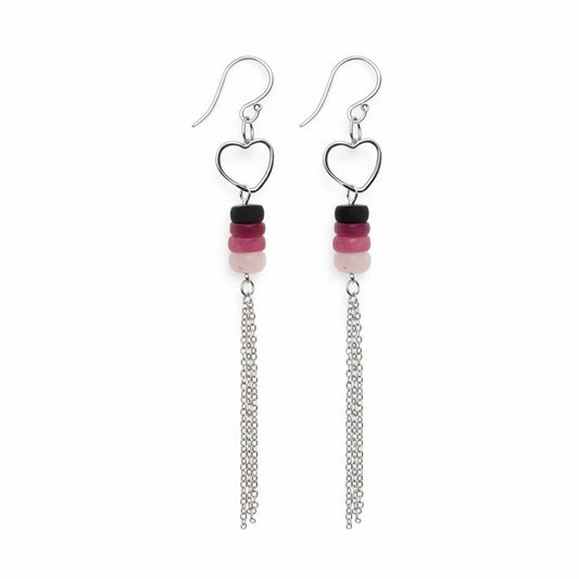 #1126 S925 Pink Tourmaline Heart Tassel Dangle Earrings