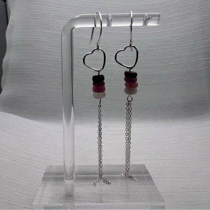 #1126 S925 Pink Tourmaline Heart Tassel Dangle Earrings