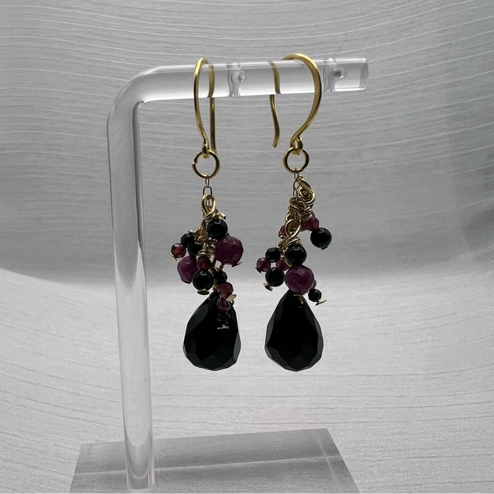 #9305 S925 Black Onyx & Ruby Dangle Earrings