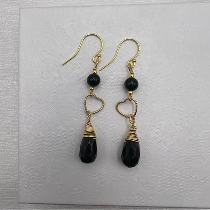 #1080 S925 Black Onyx & Heart Dangle Earrings