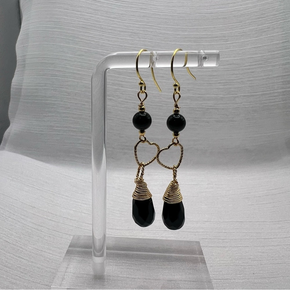 #1080 S925 Black Onyx & Heart Dangle Earrings