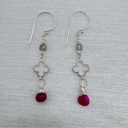 #923 S925 Ruby & Labradorite Clover Dangle Earrings